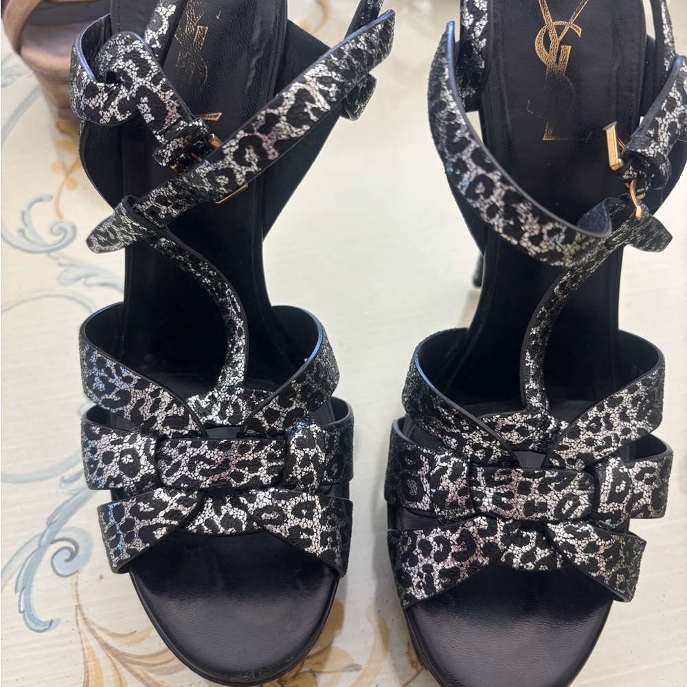 Yves Saint Laurent Black and Silver Leopard Heels